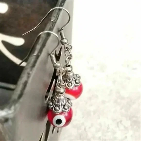 Hand Crafted Evil Eye Red Lampwork Glass Beads Protective Talisman Drop Earrings - Picture 3 of 5